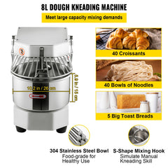 Commercial Dough Food Mixer, 8L Large Capacity Stainless Steel Mixer with Bowel, Hook, Shield, Reset Button, 450W Tilt-Head Kitchen Dough Mixers for Cake, Cream, Egg Fluid, Fillings