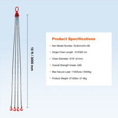 Chain Sling, 8 mm x 300 cm Lifting Chains with Hooks, G80 Engine Chain Hoist Lifts, 5 Ton Lifting Sling Chains for Engine Hoist, Engine Lift Chain with 4 Leg Grab Hooks & Adjusters Heavy Duty