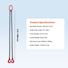 Chain Sling, 8 mm x 150 cm Lifting Chains with Hooks, G80 Engine Chain Hoist Lifts, 3 Ton Capacity Lifting Sling Chains for Engine Hoist, Engine Lift Chain with 2 Leg Grab Hooks, Heavy Duty
