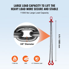 Chain Sling, 10 mm x 180 cm Lifting Chains with Hooks, G80 Engine Chain Hoist Lifts, 5 Ton Lifting Sling Chains for Engine Hoist, Engine Lift Chain with 2 Leg Grab Hooks and Adjusters Heavy Duty