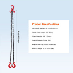 Chain Sling, 10 mm x 180 cm Lifting Chains with Hooks, G80 Engine Chain Hoist Lifts, 5 Ton Lifting Sling Chains for Engine Hoist, Engine Lift Chain with 2 Leg Grab Hooks and Adjusters Heavy Duty