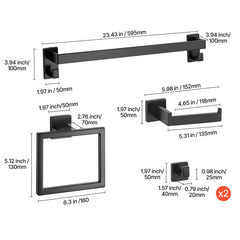 Matte Black Bathroom Hardware Set, 5 Pieces Stainless Steel Bathroom Accessories Set, 24-inch Towel Bar, Towel Rack, 2 Robe Towel Hooks, Toilet Paper Holder, for Bath Room, Wall Mounted