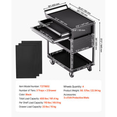 5-Tier Tool Cart with Wheels, 400 lbs Load Capacity, Rolling Work Cart with 2 Drawers & Pegboard, Mechanic Tool Storage Organizer with Locking System for Garage, Warehouse and Repair Shop, Black
