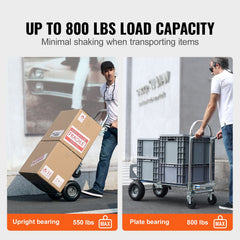 Aluminum Hand Truck, 2 in 1, 363 kg Max Load Capacity, Heavy Duty Industrial Convertible Folding Hand Truck and Dolly, Utility Cart Converts from Hand Truck to Platform Cart with Rubber Wheels