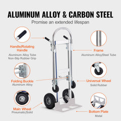 Aluminum Hand Truck, 2 in 1, 363 kg Max Load Capacity, Heavy Duty Industrial Convertible Folding Hand Truck and Dolly, Utility Cart Converts from Hand Truck to Platform Cart with Rubber Wheels
