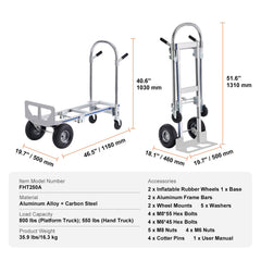Aluminum Hand Truck, 2 in 1, 363 kg Max Load Capacity, Heavy Duty Industrial Convertible Folding Hand Truck and Dolly, Utility Cart Converts from Hand Truck to Platform Cart with Rubber Wheels