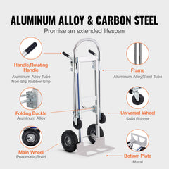 Aluminum Hand Truck, 2 in 1, 363 kg Max Load Capacity, Heavy Duty Industrial Convertible Folding Hand Truck and Dolly, Utility Cart Converts from Hand Truck to Platform Cart with Rubber Wheels