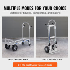 Aluminum Hand Truck, 2 in 1, 363 kg Max Load Capacity, Heavy Duty Industrial Convertible Folding Hand Truck and Dolly, Utility Cart Converts from Hand Truck to Platform Cart with Rubber Wheels