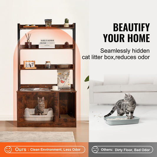 Cat Litter Box Enclosure Wooden Litter Box Furniture Hidden with 3 Shelves