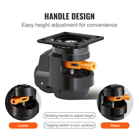 Leveling Casters, Set of 4, 1000 kg Total Load Capacity, 63.5 mm, Heavy Duty with Upgraded Handle Design, 360 Degree Swivel Caster Wheels, Adjustable Casters with Feet for Workbench, Machine