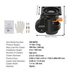 Leveling Casters, Set of 4, 1000 kg Total Load Capacity, 63.5 mm, Heavy Duty with Upgraded Handle Design, 360 Degree Swivel Caster Wheels, Adjustable Casters with Feet for Workbench, Machine