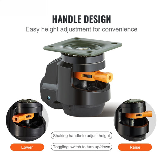 Leveling Casters, Set of 4, 1000 kg Total Load Capacity, 63.5 mm, Heavy Duty with Upgraded Handle Design, 360 Degree Swivel Caster Wheels, Adjustable Casters with Feet for Workbench, Machine