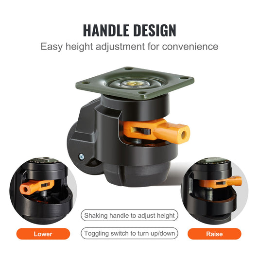 Leveling Casters, Set of 4, 500 kg Total Load Capacity, 50.8 mm, Heavy Duty with Upgraded Handle Design, 360 Degree Swivel Caster Wheels, Adjustable Casters with Feet for Workbench, Machine