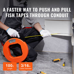 Fish Tape, 100 ft, 3/16-inch, Fiberglass Wire Puller with Optimized Housing and Handle, Easy-to-Use Cable Puller Tool, Flexible Wire Fishing Tools for Wall and Electrical Conduit, Non-Conductive