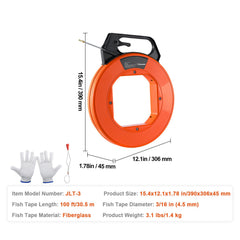 Fish Tape, 100 ft, 3/16-inch, Fiberglass Wire Puller with Optimized Housing and Handle, Easy-to-Use Cable Puller Tool, Flexible Wire Fishing Tools for Wall and Electrical Conduit, Non-Conductive