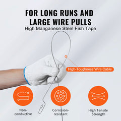 Fish Tape, 36.58 m, 3 mm, Steel Wire Puller with Optimized Housing and Handle, Easy-to-Use Cable Puller Tool, Flexible Wire Fishing Tools for Walls and Electrical Conduit, Non-Conductive