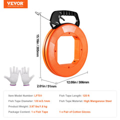 VEVOR Fish Tape, 36.58 m, 3 mm, Steel Wire Puller with Optimized Housing and Handle, Easy-to-Use Cable Puller Tool, Flexible Wire Fishing Tools for Walls and Electrical Conduit, Non-Conductive