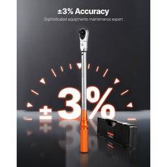 Adjustable Click Torque Wrench, 1/2 Inch Drive, 20-160 lbf-ft/27.1-216.8 N.m, Dual-direction and Dual Range Scales, 72-Tooth, ±2% Precision, with Adapter Interchangeable Jaw and Ratchet Head