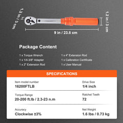Torque Wrench Adjustable Torque Wrench 1/4" Drive 20-200in.lb/2.3-23Nm