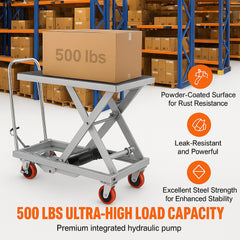 Hydraulic Lift Table Cart, 500lbs Capacity 28.5" Lifting Height, Manual Single Scissor Lift Table with 4 Wheels and Non-slip Pad, Hydraulic Scissor Cart for Material Handling, Gray