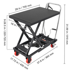 Hydraulic Lift Table Cart, 330lbs Capacity 28.5" Lifting Height, Manual Single Scissor Lift Table with 4 Wheels and Non-slip Pad, Hydraulic Scissor Cart for Material Handling, Black