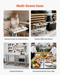 Stainless Steel Table, 60 x 90 cm Food Prep Worktable with Wheels, Kitchen Prep Table with Adjustable Undershelf Workstations for Commercial Kitchen, Restaurant, Hotel and Garage, Outdoor