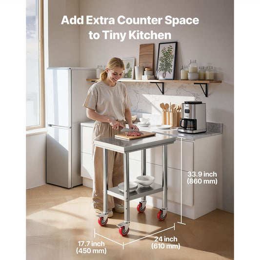 Stainless Steel Table, 61 x 45 cm Food Prep Worktable with Wheels, Kitchen Prep Table with Adjustable Undershelf Workstations for Commercial Kitchen, Restaurant, Hotel and Garage, Outdoor