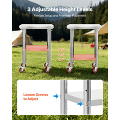 Stainless Steel Table, 61 x 45 cm Food Prep Worktable with Wheels, Kitchen Prep Table with Adjustable Undershelf Workstations for Commercial Kitchen, Restaurant, Hotel and Garage, Outdoor