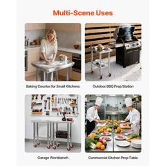 Stainless Steel Table, 61 x 45 cm Food Prep Worktable with Wheels, Kitchen Prep Table with Adjustable Undershelf Workstations for Commercial Kitchen, Restaurant, Hotel and Garage, Outdoor