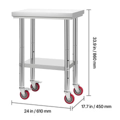 Stainless Steel Table, 61 x 45 cm Food Prep Worktable with Wheels, Kitchen Prep Table with Adjustable Undershelf Workstations for Commercial Kitchen, Restaurant, Hotel and Garage, Outdoor