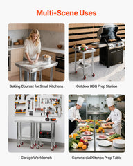 Stainless Steel Table, 61 x 45 cm Food Prep Worktable with Wheels, Kitchen Prep Table with Adjustable Undershelf Workstations for Commercial Kitchen, Restaurant, Hotel and Garage, Outdoor