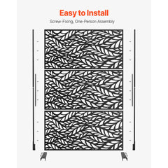 Metal Privacy Screen, 47" W x 72" H, Outdoor Privacy Screens & Panels, Freestanding Outdoor Divider with Stand, 3-Panel Decorative Garden Steel Privacy Fence for Balcony Patio Indoor Room Black
