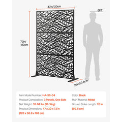 Metal Privacy Screen, 47" W x 72" H, Outdoor Privacy Screens & Panels, Freestanding Outdoor Divider with Stand, 3-Panel Decorative Garden Steel Privacy Fence for Balcony Patio Indoor Room Black