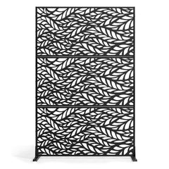 Metal Privacy Screen, 47" W x 72" H, Outdoor Privacy Screens & Panels, Freestanding Outdoor Divider with Stand, 3-Panel Decorative Garden Steel Privacy Fence for Balcony Patio Indoor Room Black