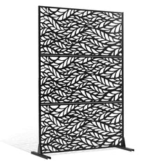 Metal Privacy Screen, 47" W x 72" H, Outdoor Privacy Screens & Panels, Freestanding Outdoor Divider with Stand, 3-Panel Decorative Garden Steel Privacy Fence for Balcony Patio Indoor Room Black