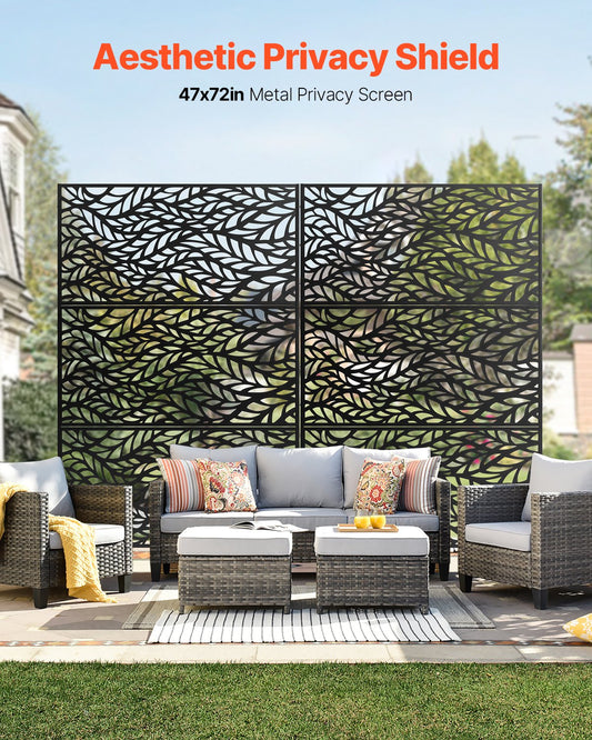 Metal Privacy Screen, 47" W x 72" H, Outdoor Privacy Screens & Panels, Freestanding Outdoor Divider with Stand, 3-Panel Decorative Garden Steel Privacy Fence for Balcony Patio Indoor Room Black
