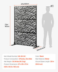 Metal Privacy Screen, 47" W x 72" H, Outdoor Privacy Screens & Panels, Freestanding Outdoor Divider with Stand, 3-Panel Decorative Garden Steel Privacy Fence for Balcony Patio Indoor Room Black