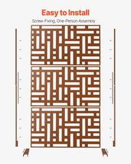 Metal Privacy Screen, 120 x 193cm, Outdoor Privacy Screens 3-Panel, Freestanding Outdoor Divider with Stand, Decorative Garden Steel Privacy Fence for Balcony Patio Indoor Room Hot Tub Brown