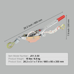 Rope Puller, 3/4 Ton Pulling Capacity, with 30.48 m of 15 mm dia. Rope, 2 Hook, Come Along Winch, Heavy Duty Ratchet Power Puller Tool for Moving Boats, Securing Items, Transporting Logs