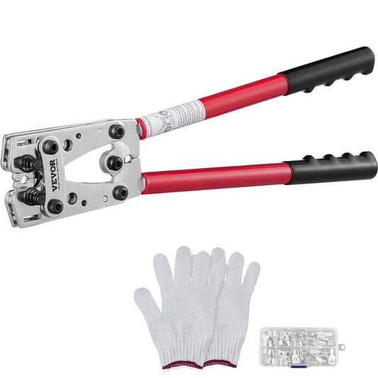 Battery Cable Lug Crimping Tool, 10-1/0AWG Aluminum Terminal Battery Lug Crimper, with 60PCS Aluminum Ring Connectors Terminals 6 Wire Sizes Crimping Die, for Heavy Duty Wire Lugs