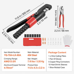 Hydraulic Crimping Tool with 9 Sets of Dies AWG12-2/0 Copper And Aluminum Terminal Battery Lug Crimper, with a Cutting Pliers, Gloves, 5pcs Copper Ring Connectors, 8pcs Heat Shrink Sleeves