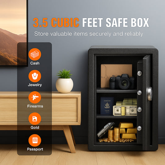 Single Door 3.5 cu.ft Safe Box with Key Lock & Password, Safe Lock Box with Fireproof Bag, Key Rack, LED Light, and 2 Shelves for Money, Documents, Jewelry, and Valuables, Black