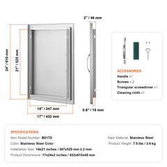 BBQ Access Door, 432x610 mm Single Outdoor Kitchen Door, Stainless Steel Flush Mount Door, Wall Vertical Door with Handle, for BBQ Island, Grilling Station, Outside Cabinet