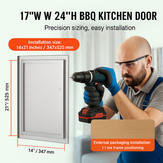 BBQ Access Door, 432x610 mm Single Outdoor Kitchen Door, Stainless Steel Flush Mount Door, Wall Vertical Door with Handle, for BBQ Island, Grilling Station, Outside Cabinet