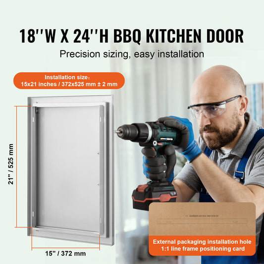 BBQ Access Door, 457x610 mm Single Outdoor Kitchen Door, Stainless Steel Flush Mount Door, Wall Vertical Door with Handle, for BBQ Island, Grilling Station, Outside Cabinet