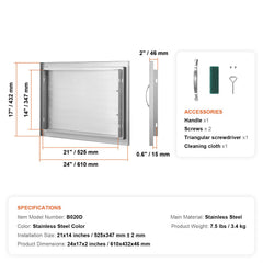 BBQ Access Door, 610x432 mm Single Outdoor Kitchen Door, Stainless Steel Flush Mount Door, Wall Vertical Door with Handle, for BBQ Island, Grilling Station, Outside Cabinet