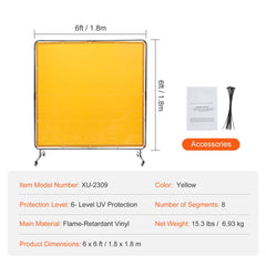 Welding Screen with Frame, 6' x 6' Welding Curtain Screen, Flame-Resistant Vinyl Welding Protection Screen on 4 Swivel Wheel (2 Lockable), Moveable & Professional for Workshop/Industrial, Yellow