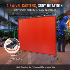 Welding Screen with Frame, 6' x 8' Welding Curtain Screen, Flame-Resistant Vinyl Welding Protection Screen on 4 Swivel Wheels (2 Lockable), Moveable & Professional for Workshop/Industrial, Red