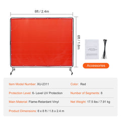 Welding Screen with Frame, 6' x 8' Welding Curtain Screen, Flame-Resistant Vinyl Welding Protection Screen on 4 Swivel Wheels (2 Lockable), Moveable & Professional for Workshop/Industrial, Red