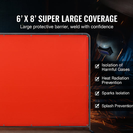 Welding Screen with Frame, 6' x 8' Welding Curtain Screen, Flame-Resistant Vinyl Welding Protection Screen on 4 Swivel Wheels (2 Lockable), Moveable & Professional for Workshop/Industrial, Red